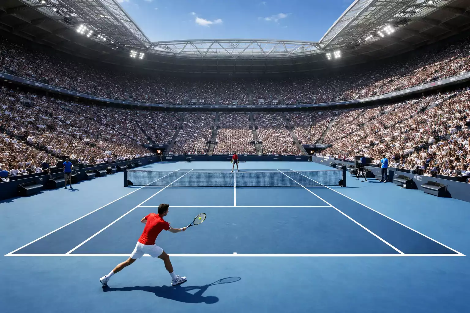 Grand-Slam-Tennisturnier mit Spielern auf dem Platz und vollen Tribünen