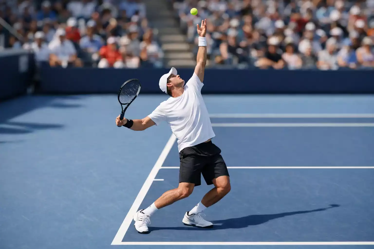 Tennisspieler schlägt Aufschlag auf professionellem Hartplatz bei Turnier