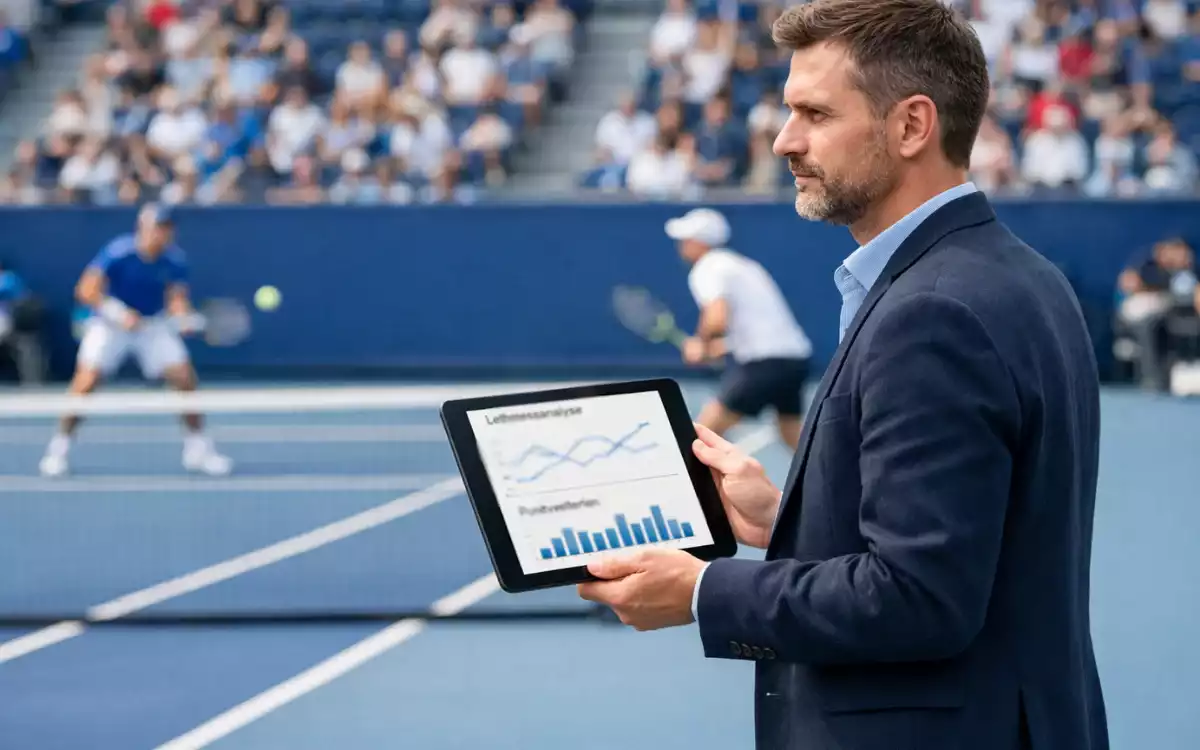 Sportanalyst mit Tablet beobachtet Tennisspiel am Spielfeldrand