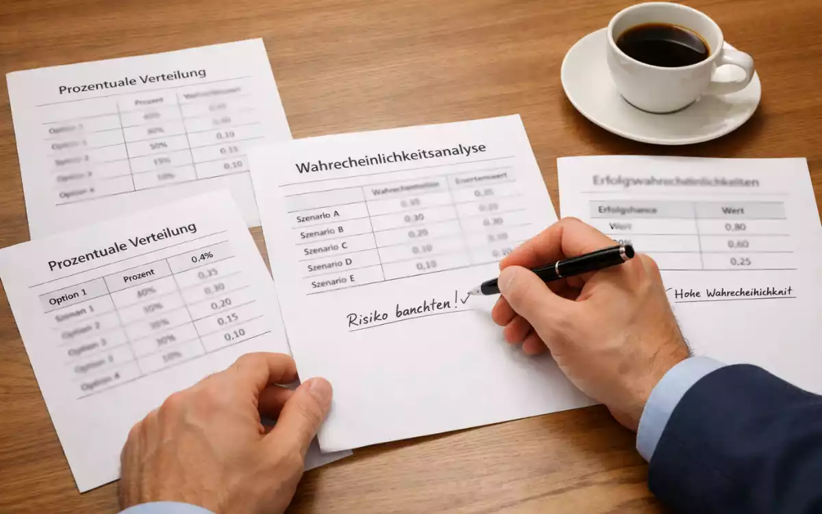 Person analysiert Dokumente mit Wahrscheinlichkeitsberechnungen am Schreibtisch