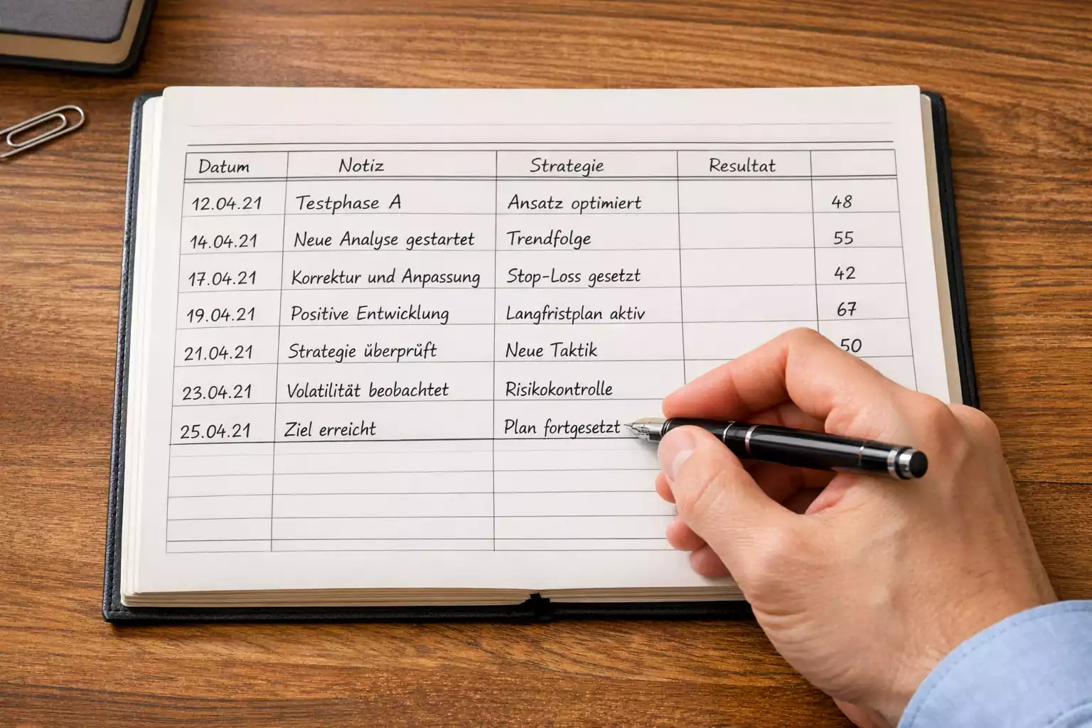 Hand schreibt Wettanalyse und Strategie in Notizbuch
