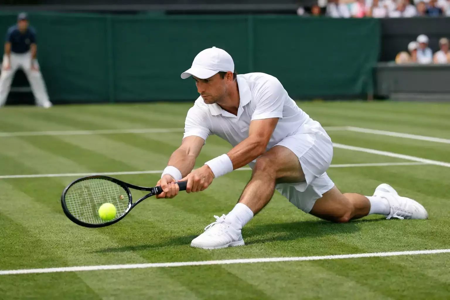 Tennisspieler auf grünem Rasenplatz schlägt Return mit Slice