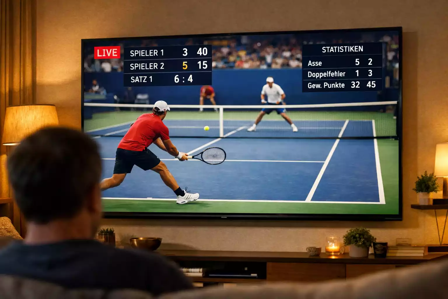 Tennismatch live auf großem Bildschirm mit Echtzeit-Statistiken