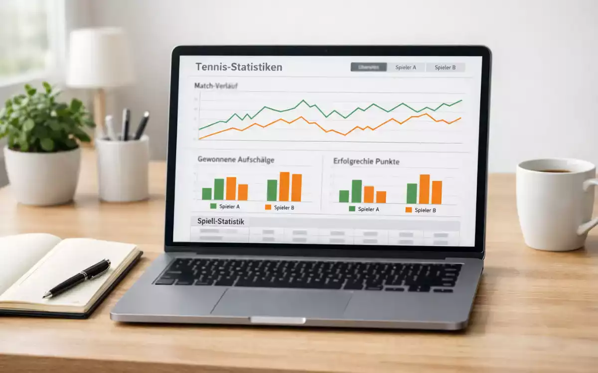 Laptop zeigt Tennisstatistiken und Datenanalyse auf dem Bildschirm