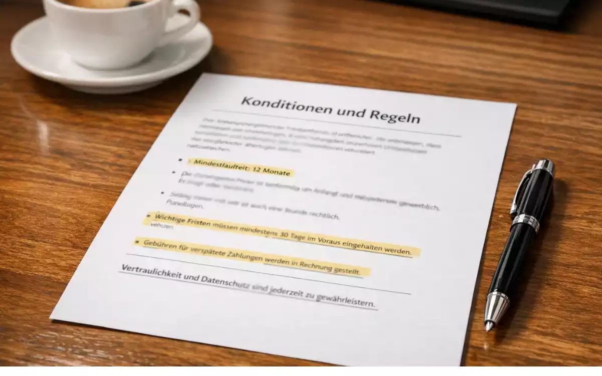 Dokument mit Bonus-Konditionen und Stift zur Unterschrift