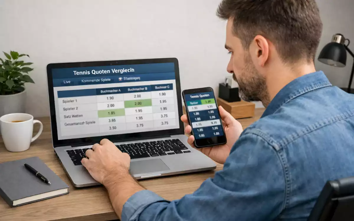 Person vergleicht Tennis-Wettquoten auf Laptop und Smartphone