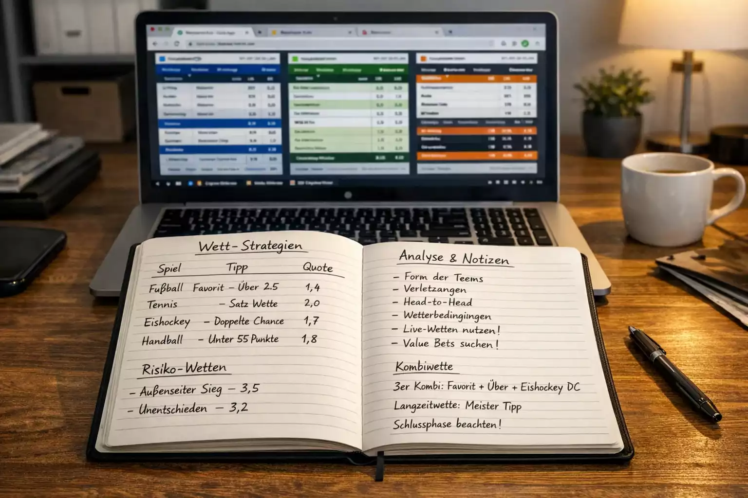 Notizbuch mit Wettanalyse und mehreren Browserfenstern im Hintergrund