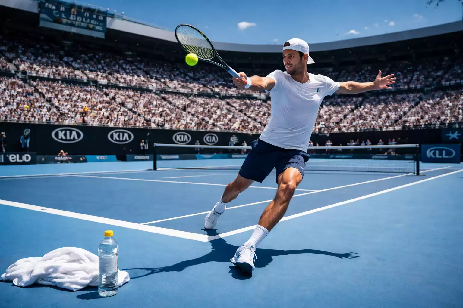 Tennisspieler bei intensiver Hitze auf blauem Hartplatz in Melbourne