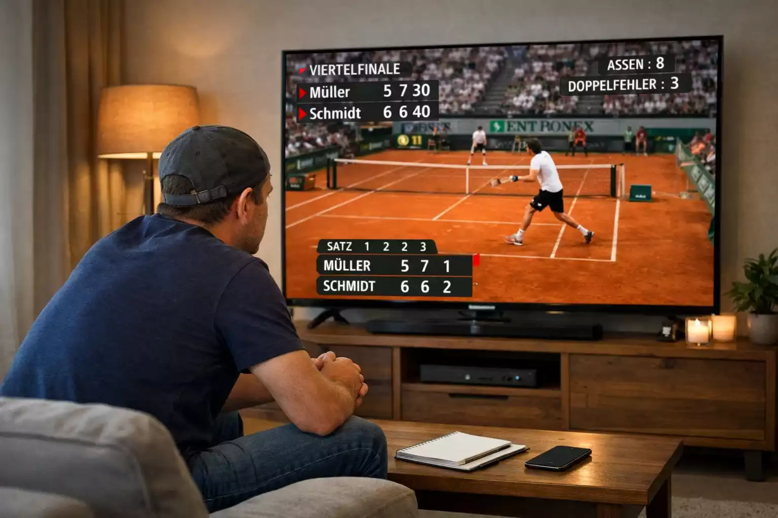 Tennisfan beobachtet spannendes Match auf großem Bildschirm mit Statistiken
