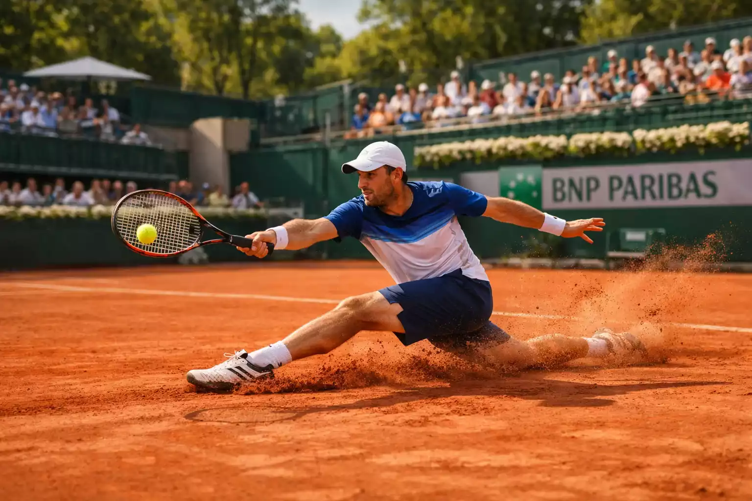 Tennisspieler rutscht auf rotem Sandplatz in Paris bei Grundlinienschlag