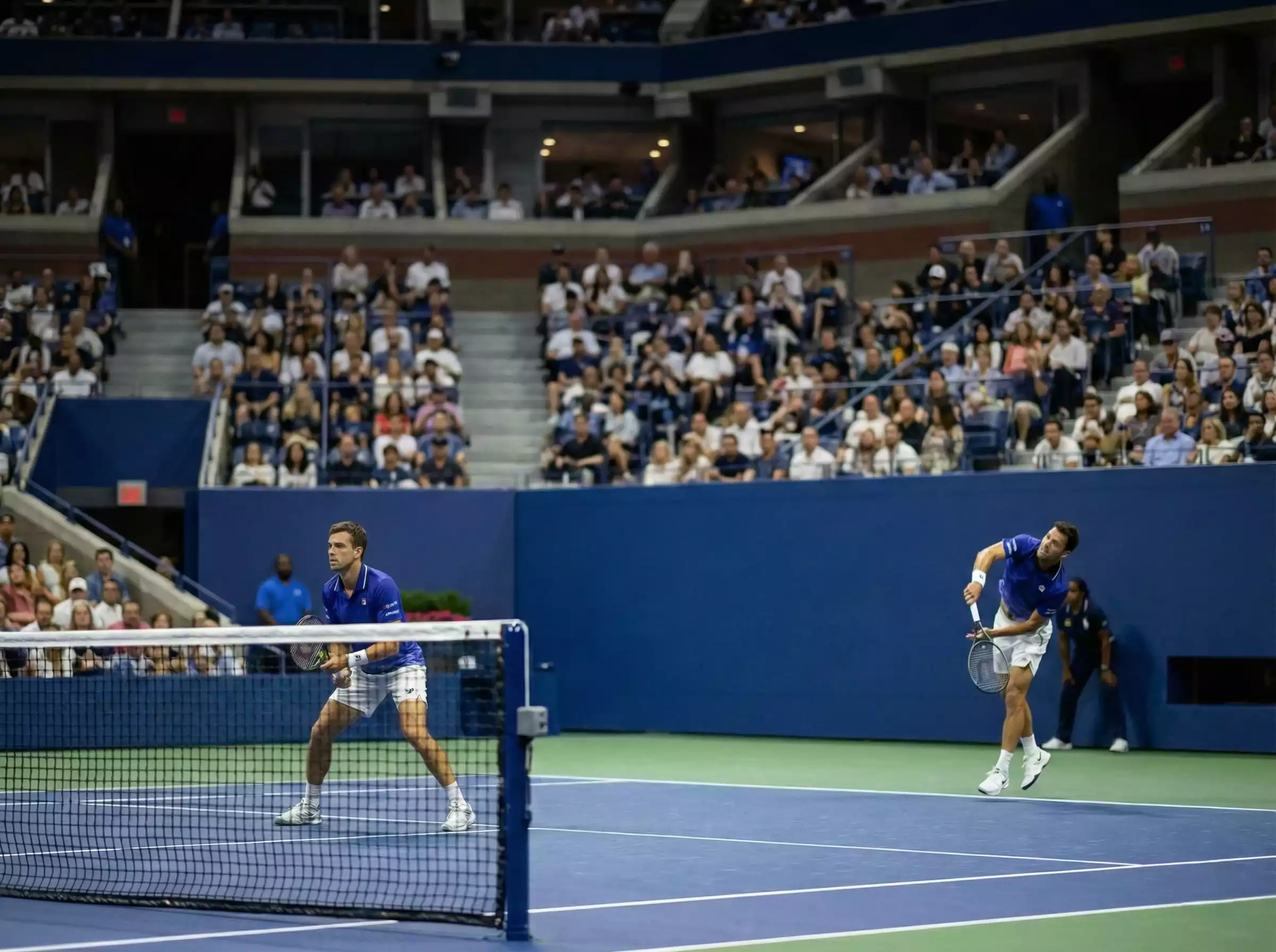 Arthur Ashe Stadium bei Nacht mit Flutlicht und begeistertem Publikum