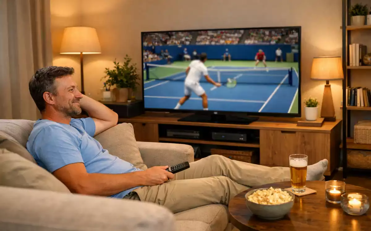 Freundliche Person schaut Tennismatch auf Laptop mit Notizblock daneben