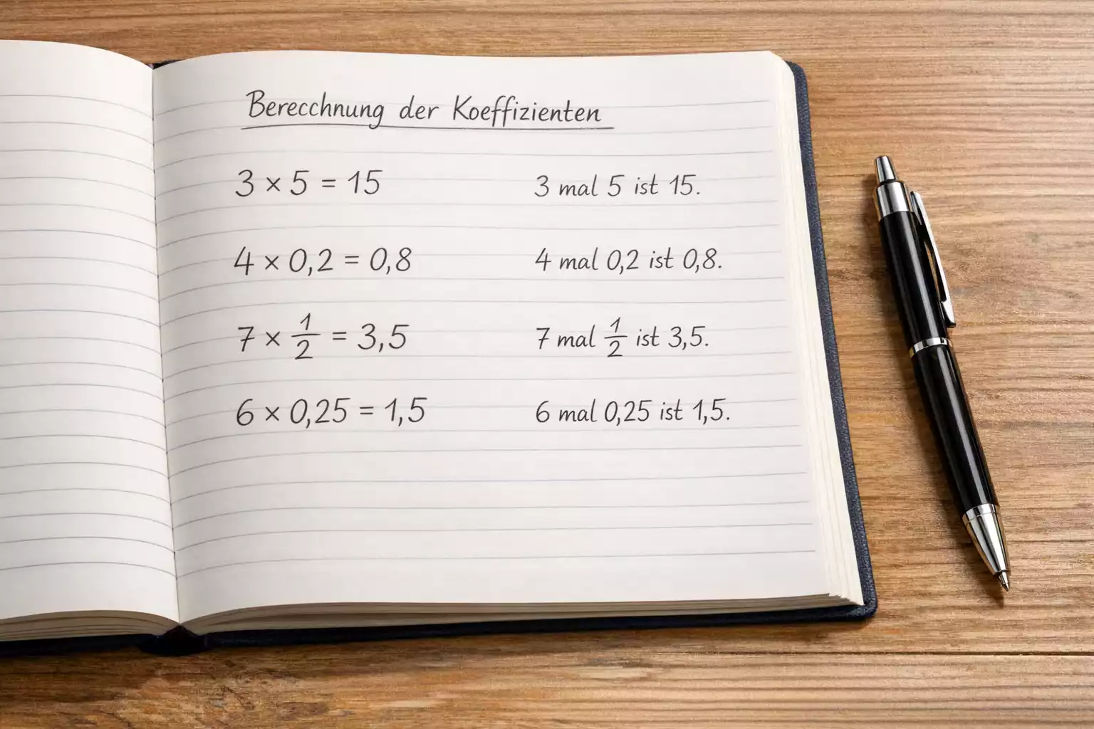 Notizbuch mit einfachen Quotenberechnungen und Stift auf Schreibtisch