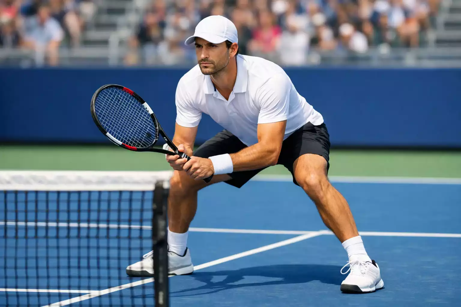 Tennisspieler am Netz während eines Spiels auf Hartplatz
