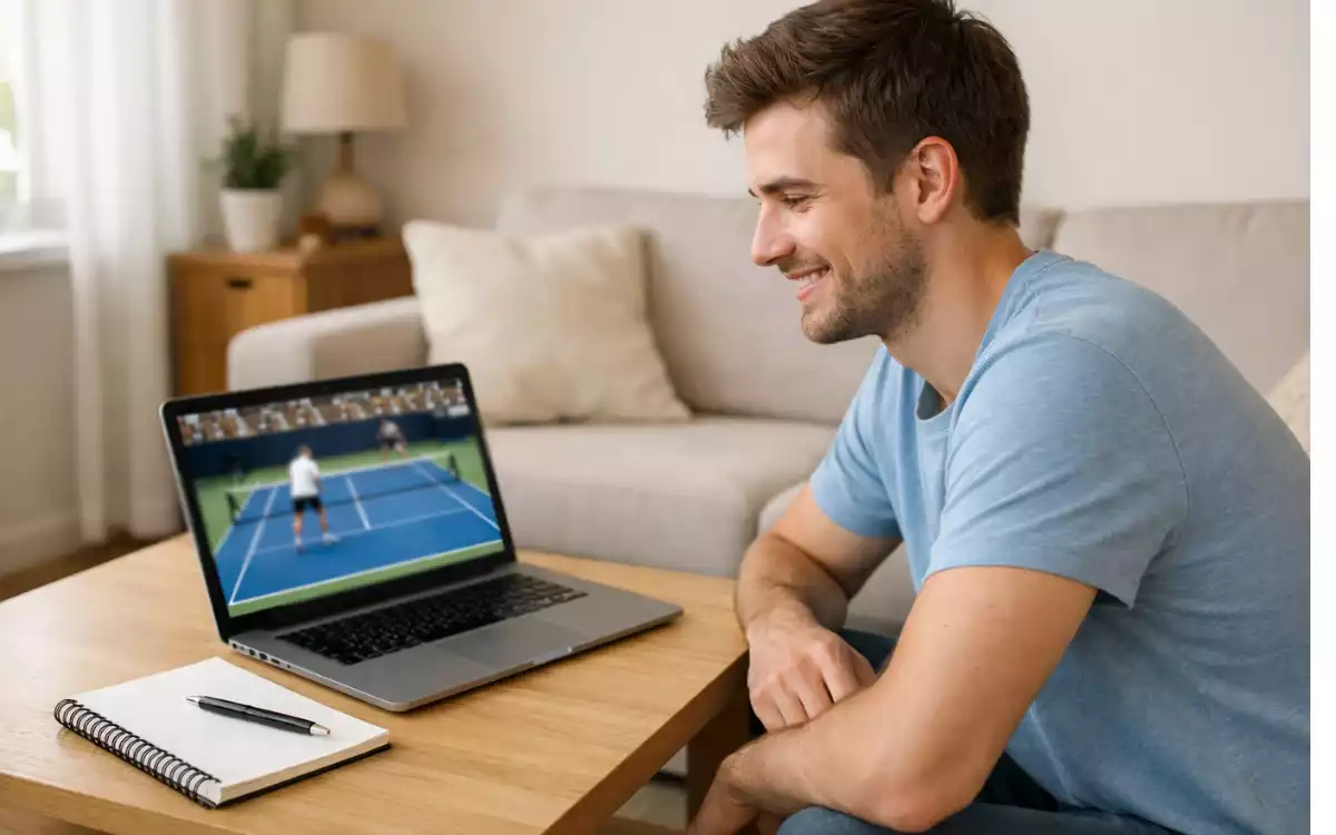 Entspannte Person genießt Tennismatch auf Fernseher im Wohnzimmer