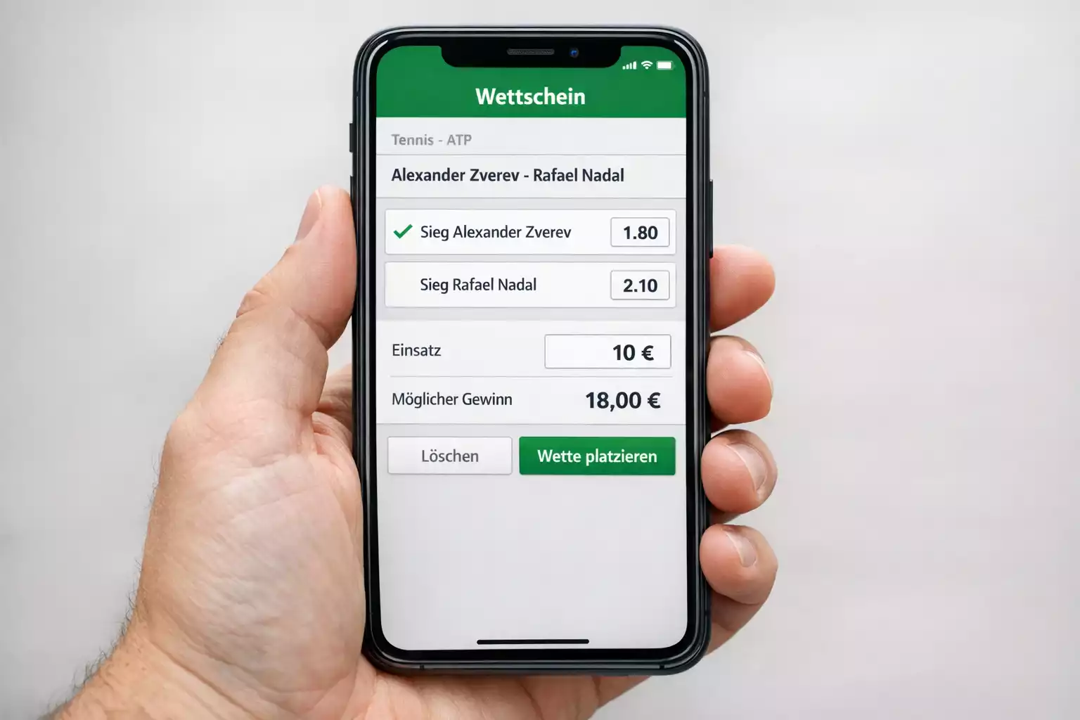 Smartphone zeigt übersichtlichen Wettschein mit Tennis-Auswahl