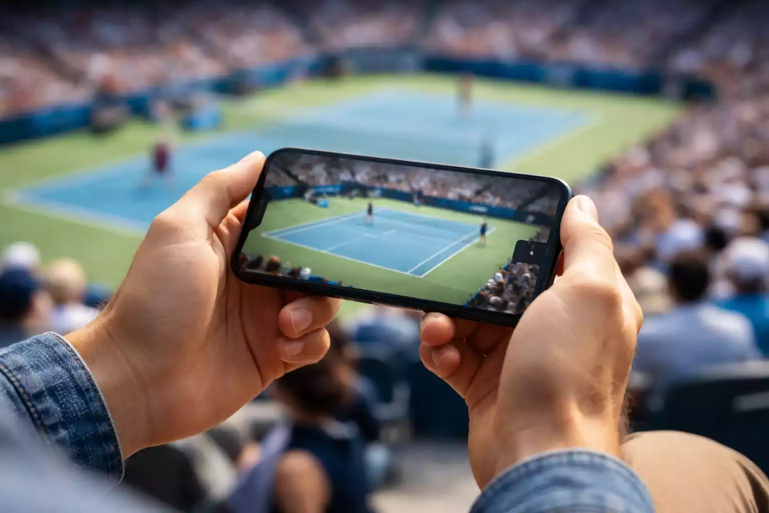 Zuschauer ve
 rfolgen ein Tennismatch live auf einem Smartphone