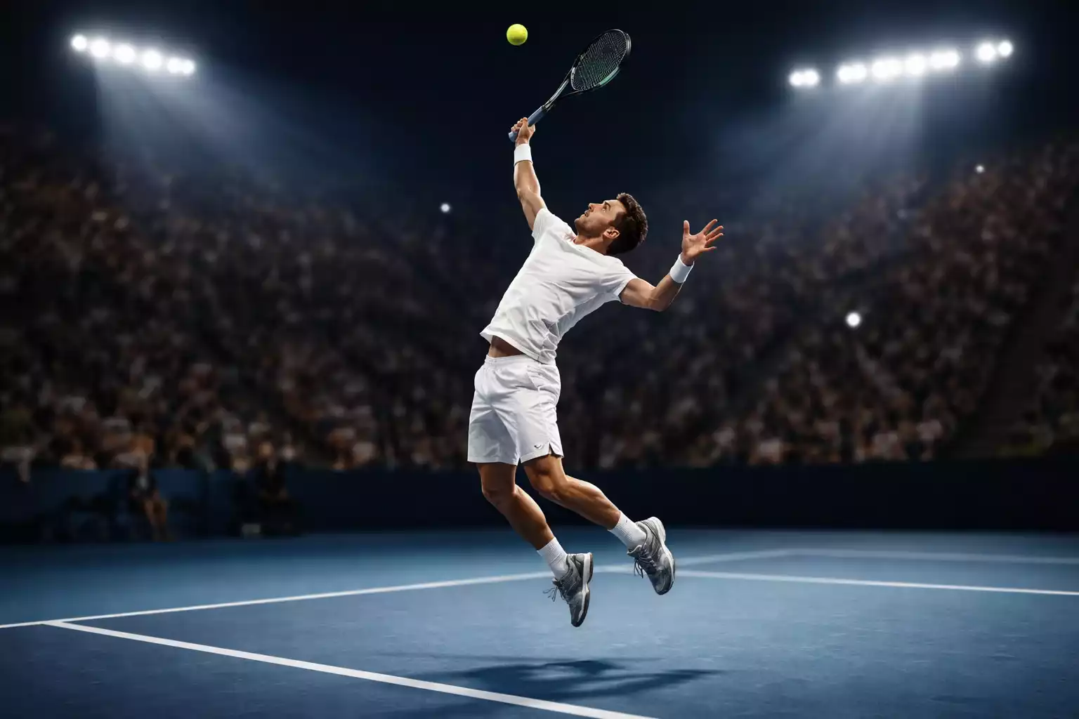 Tennisspieler be
  im kraftvollen Aufschlag auf Hartplatz bei Flutlicht