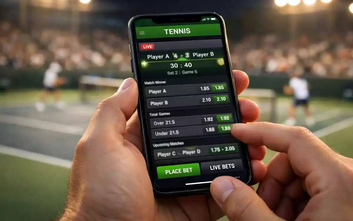 Nahaufnahme einer Wett-App auf dem Smartphone während eines Tennismatches
