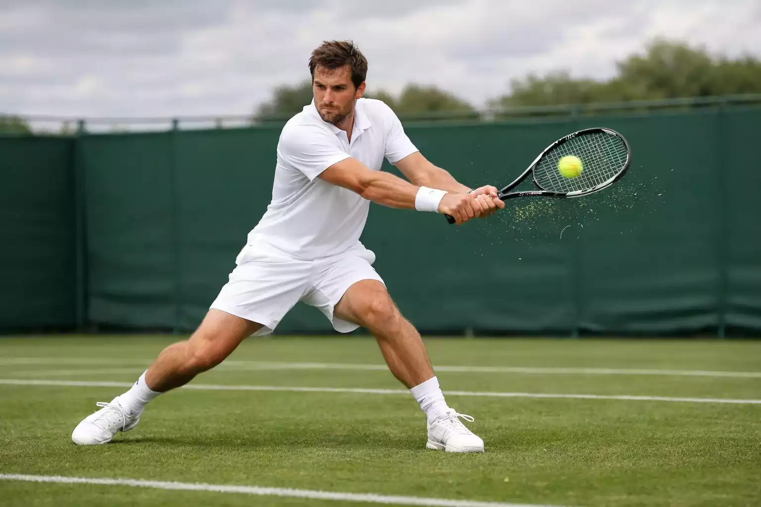 Tennisspiele
r    auf Rasenplatz in Wimbledon-Atmosphäre beim Return