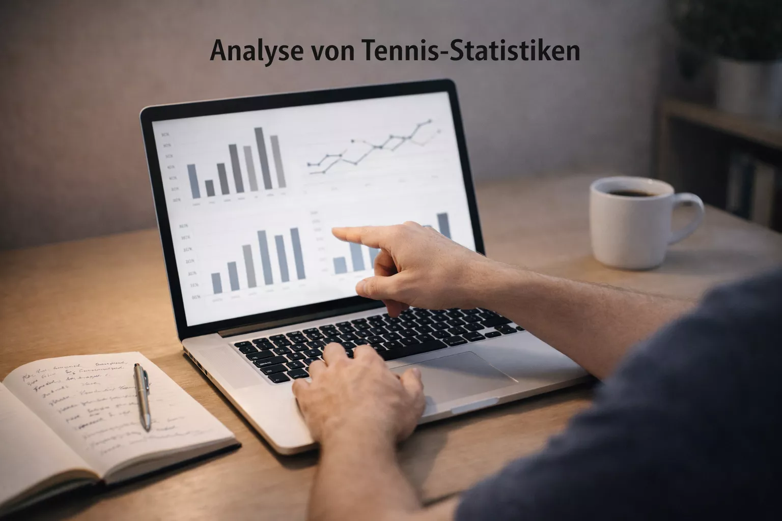 Person ana
l ysiert Tennisstatistiken auf einem Laptop mit Notizen