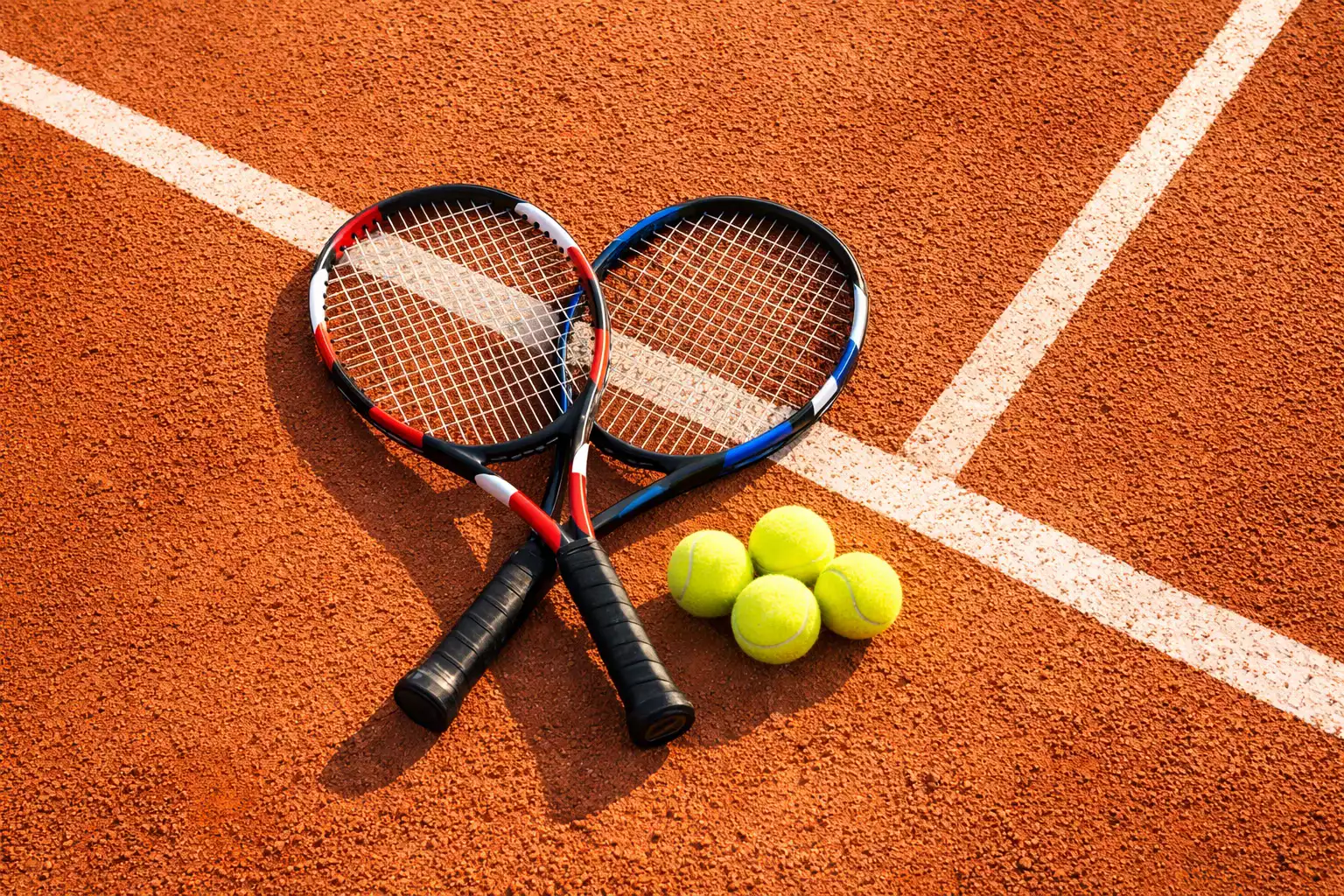 Tennisschläger 
 und Bälle auf einem Sandplatz mit Linienmarkierungen
