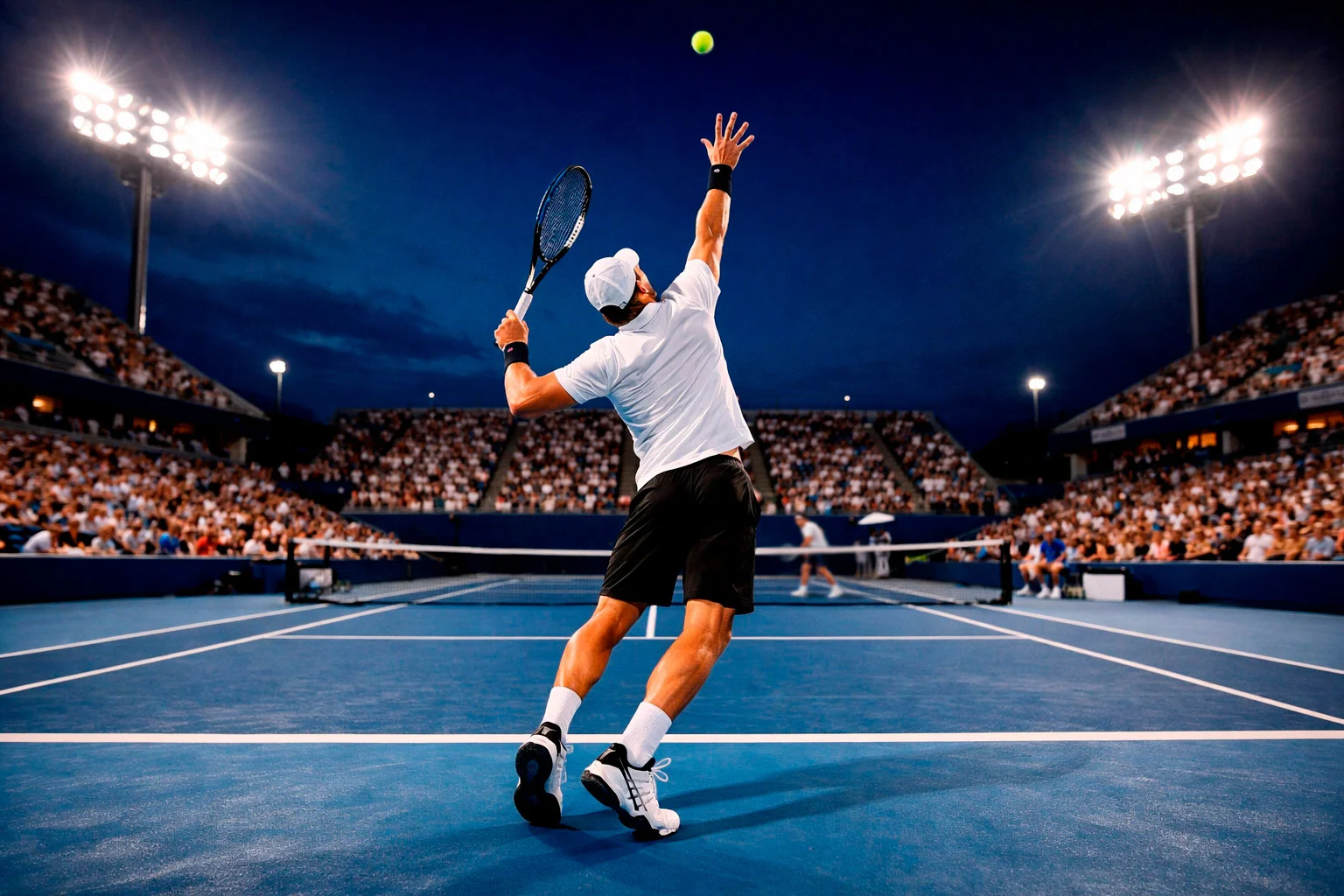 Herrentennis-Match auf einem belebten ATP-Turnier bei Flutlicht