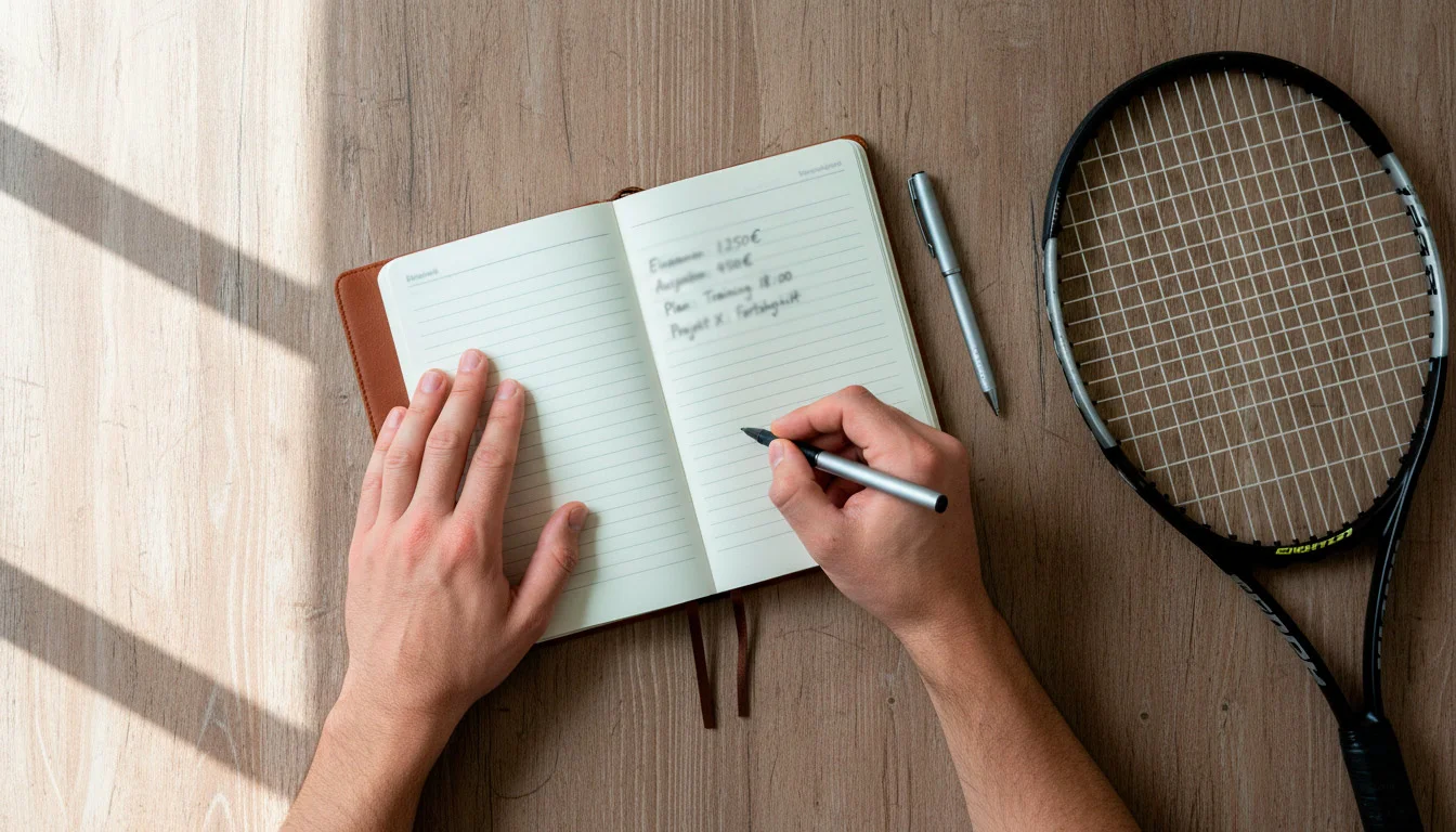 Person plant Wetteinsätze mit Notizbuch und Stift neben einem Tennisschläger
