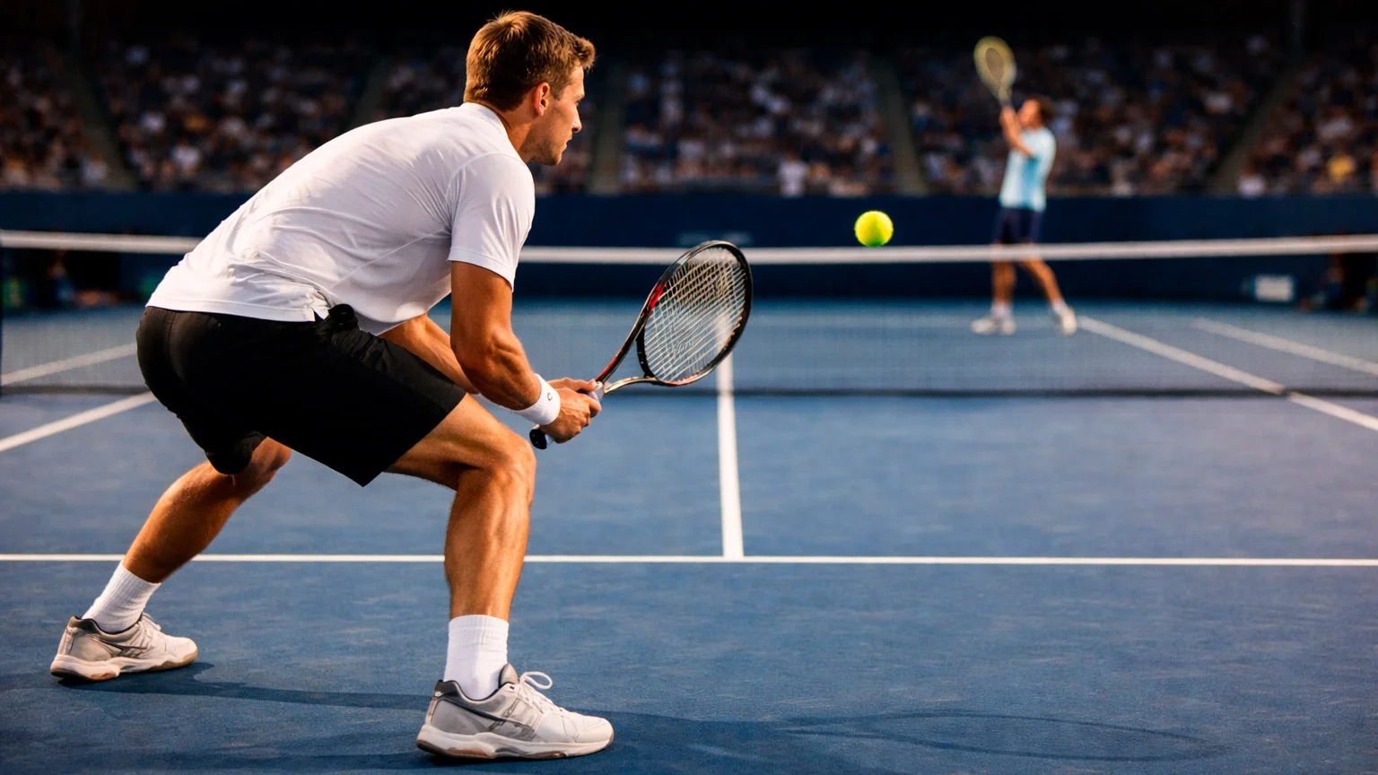 Tennisspieler beim aggressiven Returnschlag an der Grundlinie