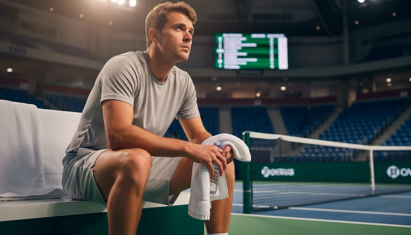 Tennisspieler blickt konzentriert auf die Anzeigetafel während eines Matches