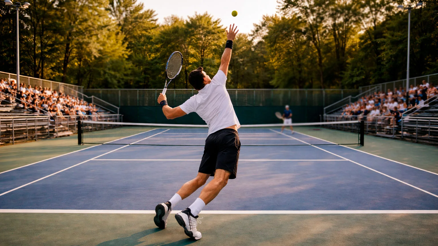 Kleines Tennisturnier auf einem Nebenplatz mit wenigen Zuschauern im Sonnenlicht
