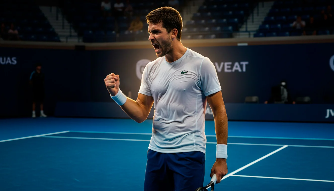 Tennisspieler ballt die Faust nach einem Comeback auf dem Hartplatz