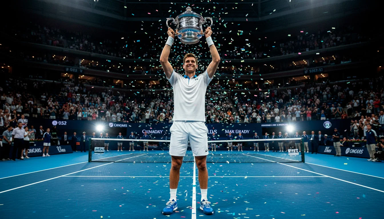 Tennisspieler hebt den Pokal auf dem Centre Court nach einem Grand-Slam-Finale