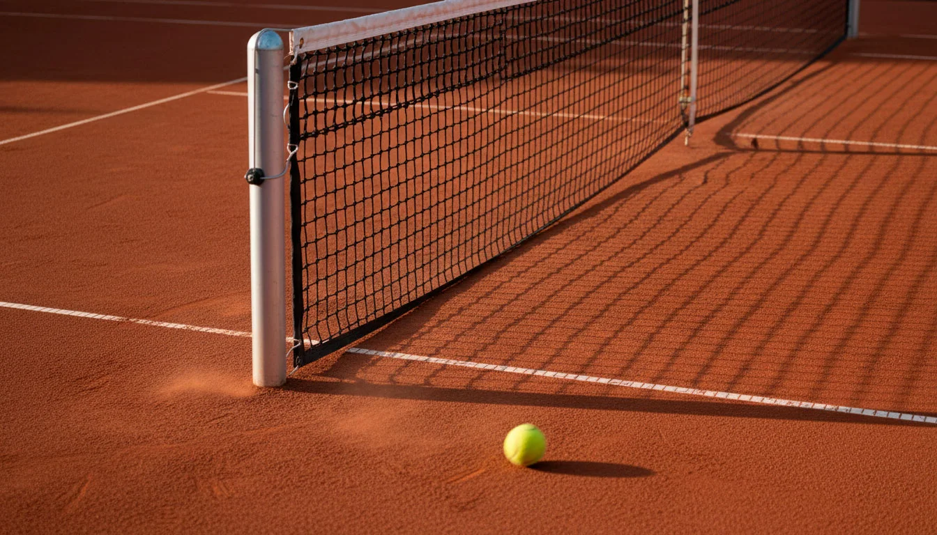 Tennisball rollt knapp am Netz vorbei ins Aus auf einem Sandplatz
