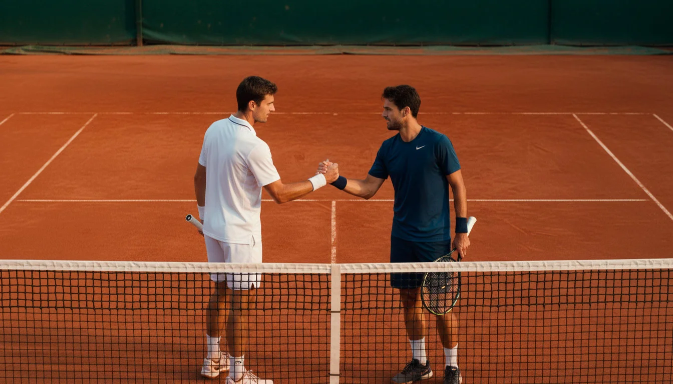Zwei Tennisspieler stehen sich am Netz gegenüber vor einem Match