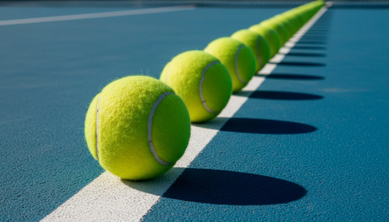 Mehrere Tennisbälle aufgereiht auf der Grundlinie eines Hartplatzes