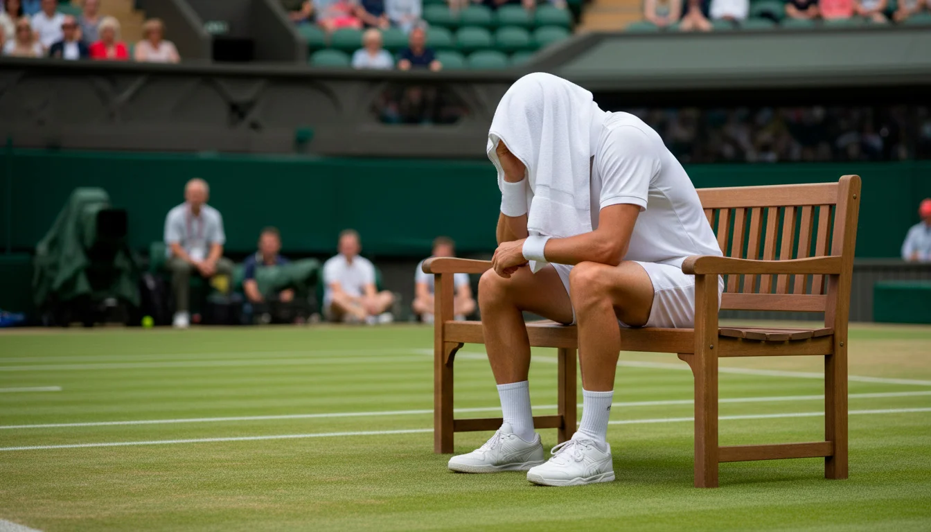Tennisspieler sitzt konzentriert auf der Bank während einer Satzpause