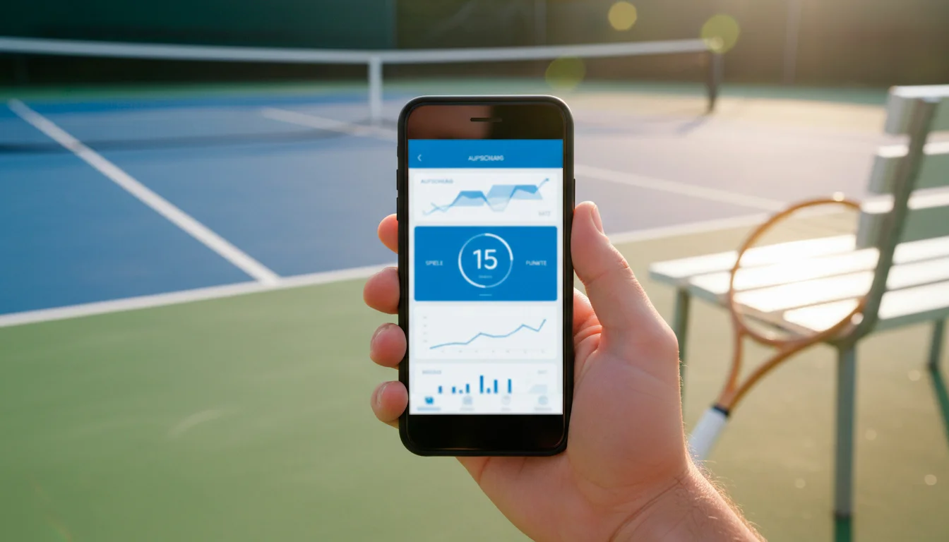 Hand hält ein Smartphone mit einer Sportwetten-App auf einem Tennisplatz
