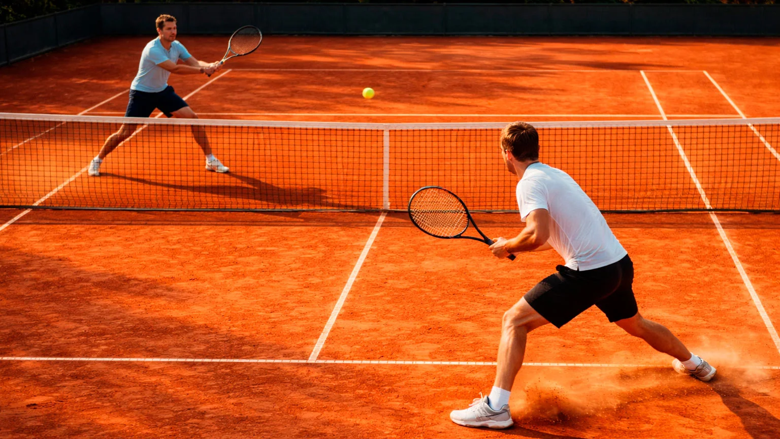 Intensiver Ballwechsel zwischen zwei Tennisspielern auf dem Sandplatz