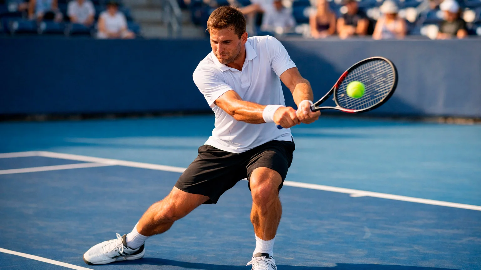Tennisspieler schlägt einen kraftvollen Return auf dem Hartplatz
