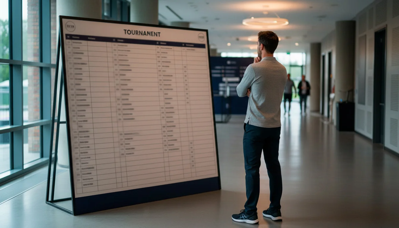 Tennisspieler steht vor der Turnier-Auslosungstafel und studiert das Tableau