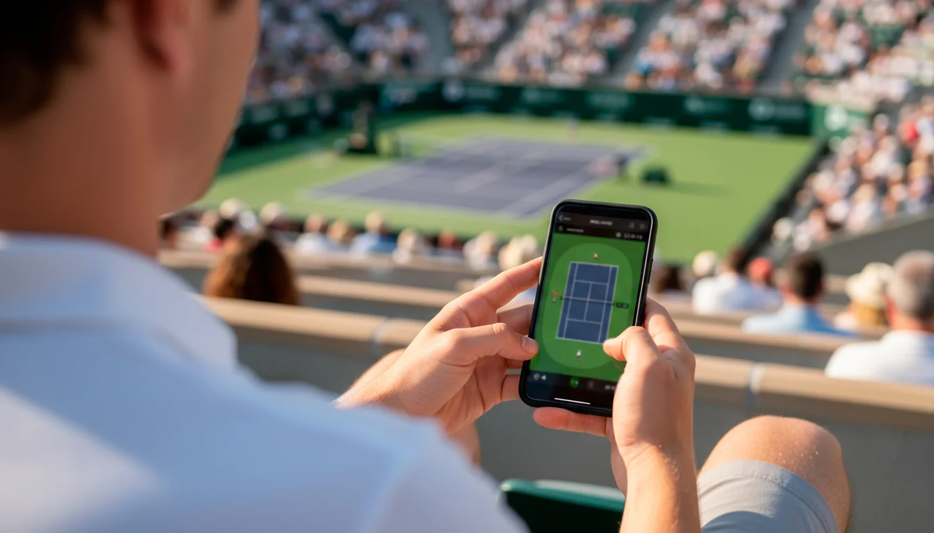 Person verfolgt ein Tennis-Livematch auf dem Smartphone im Stadion
