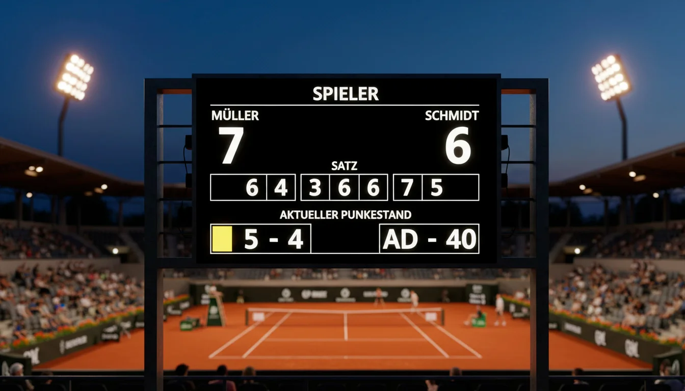 Blick auf die Anzeigetafel eines Tennismatches nach einem entscheidenden Satz