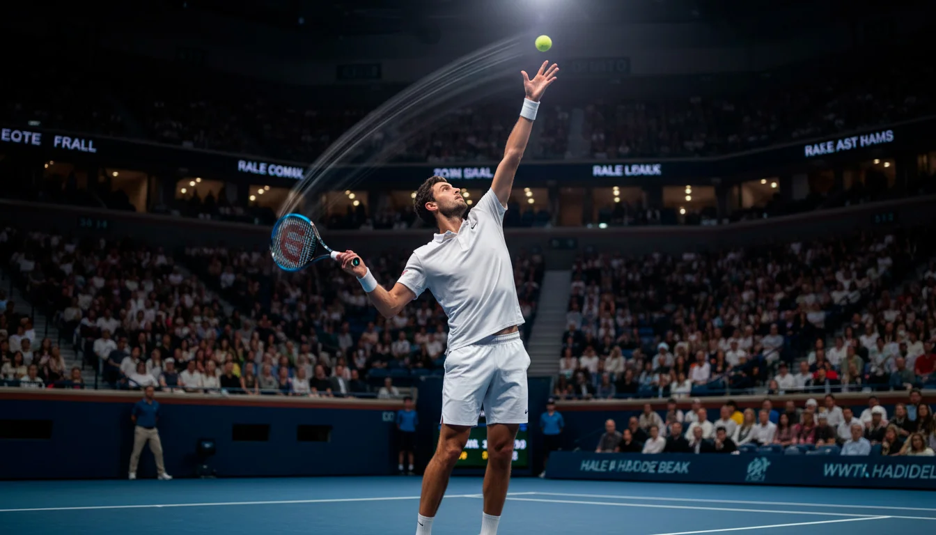 Tennisspieler serviert unter Druck im Tiebreak bei Flutlicht