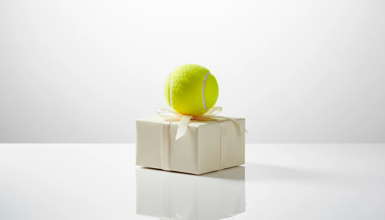 Tennisball liegt neben einem geöffneten Willkommenspaket auf einem Tisch
