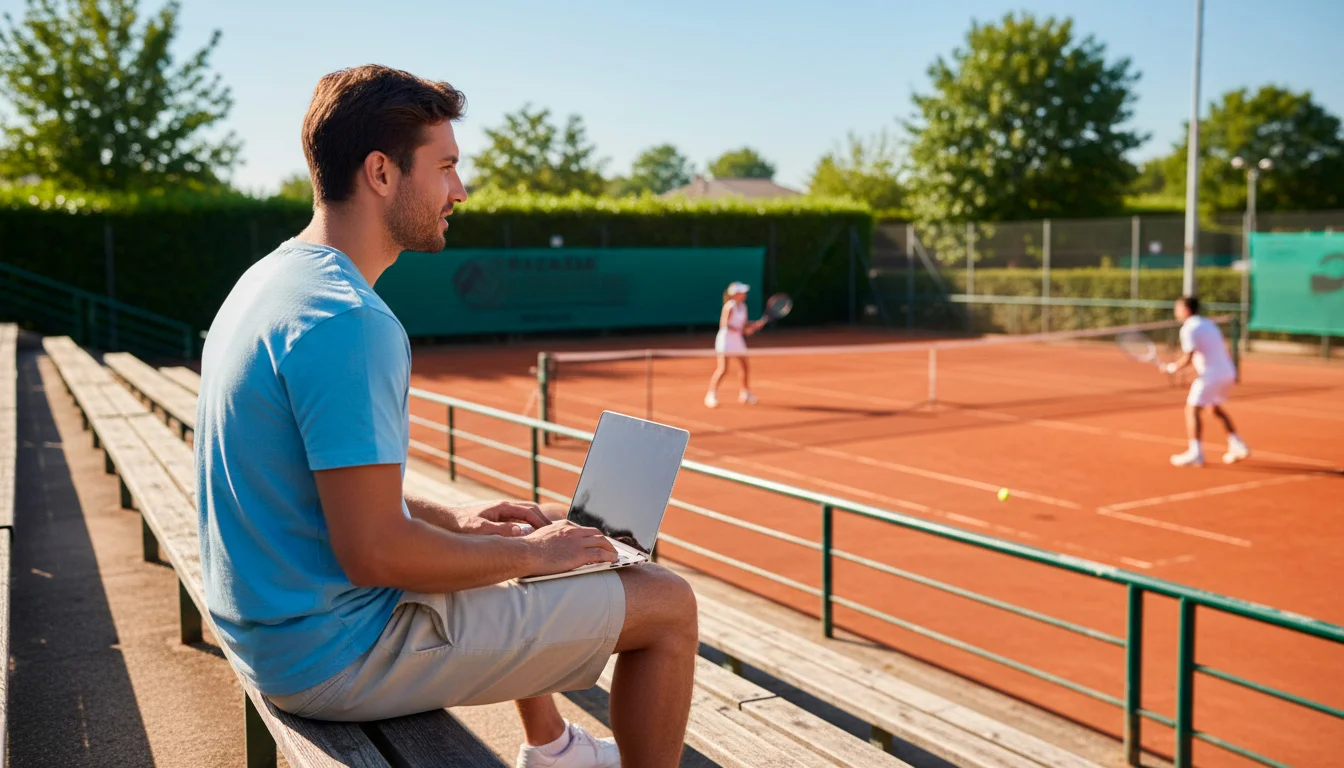 Junger Mann sitzt mit Laptop auf der Tribüne eines Tennisplatzes im Sonnenlicht