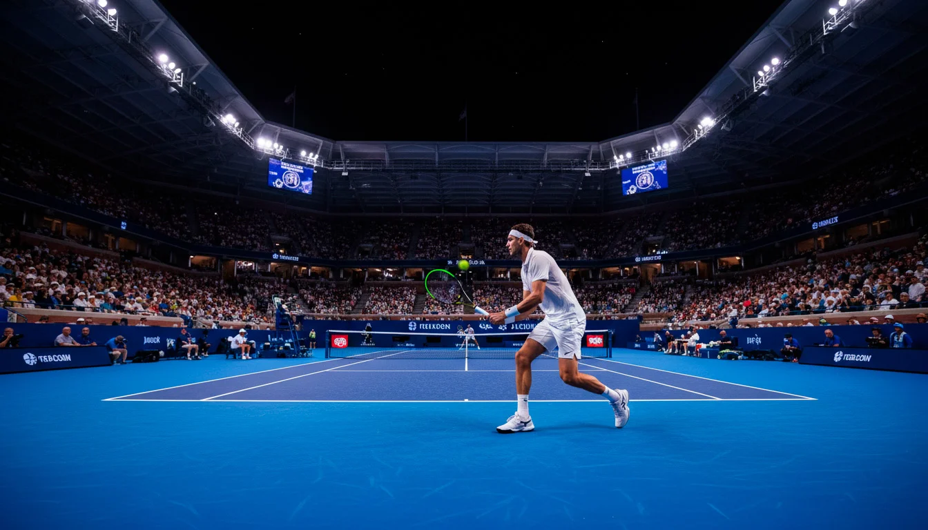 Weiter Blick auf ein Hartplatz-Tennisstadion bei einem Nachtmatch