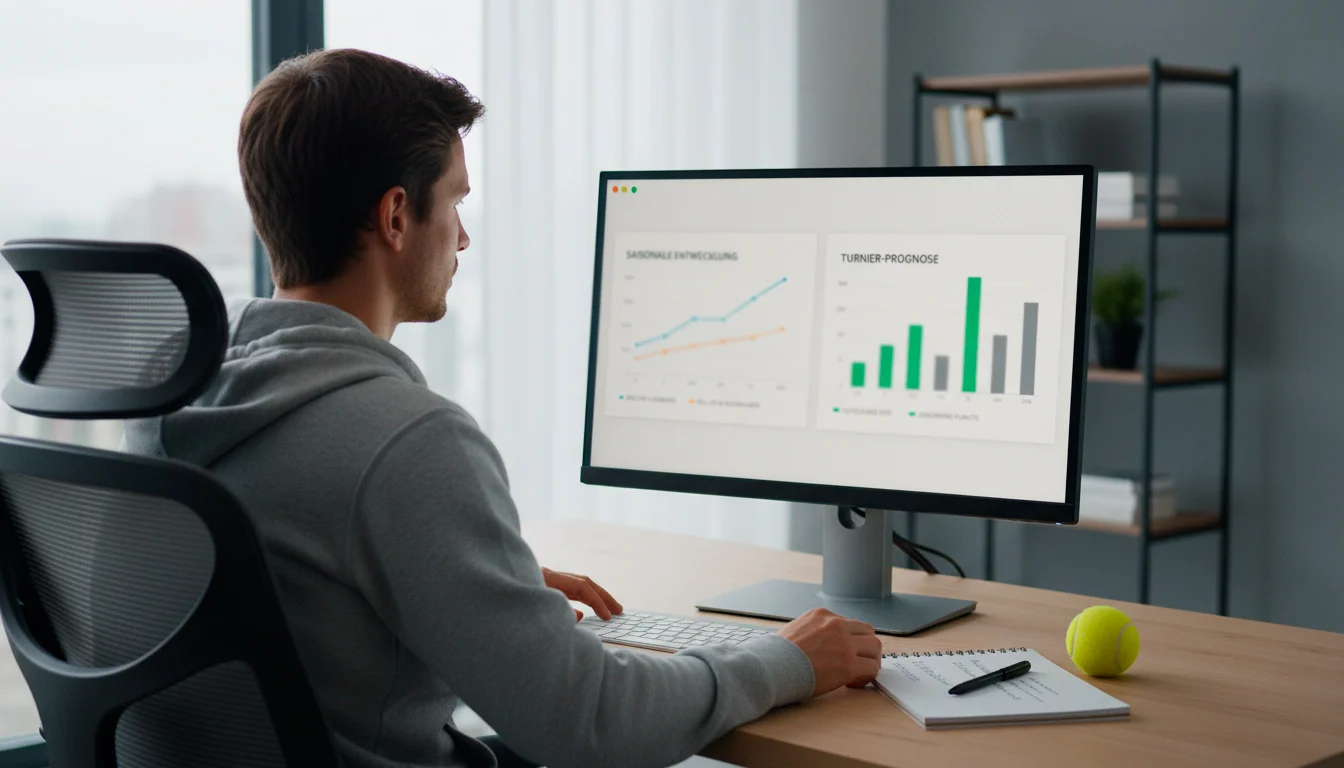 Person analysiert Tennisdaten auf einem großen Bildschirm mit Diagrammen