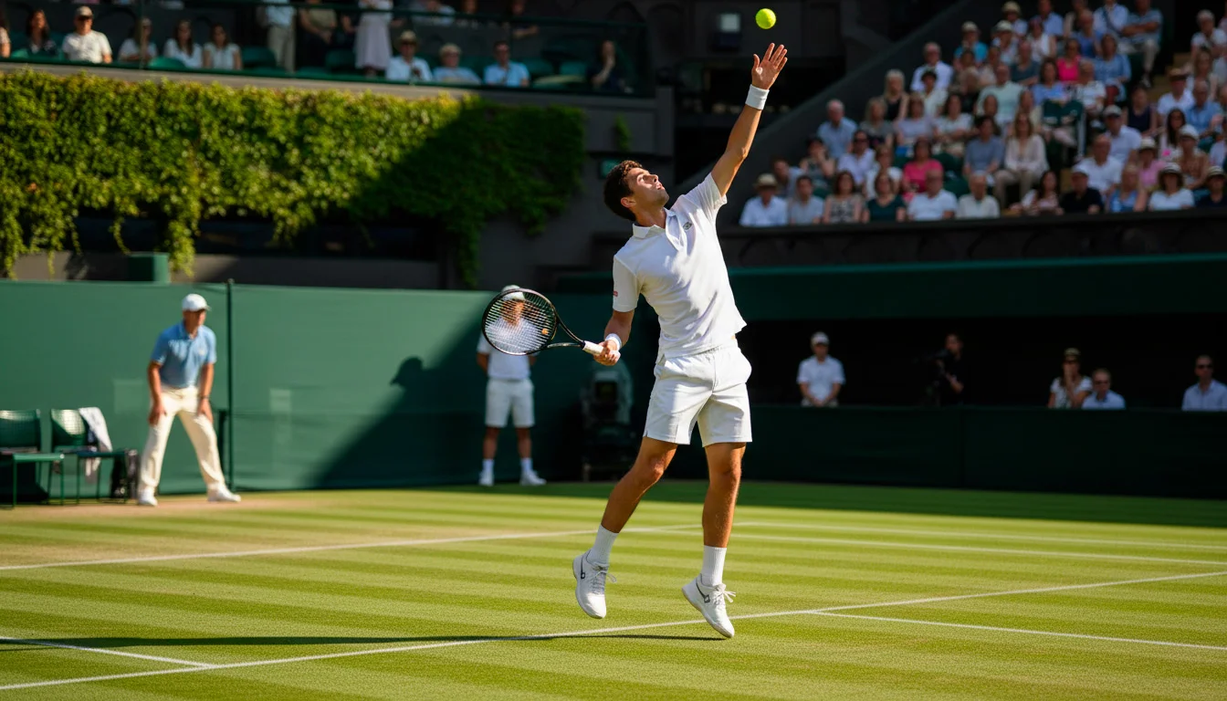 Tennisspieler beim Aufschlag auf gepflegtem Rasenplatz im Sonnenlicht