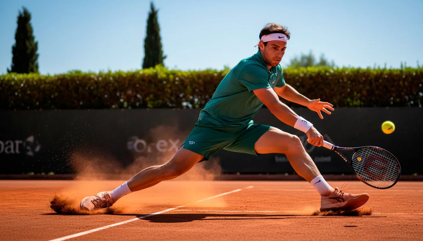 Tennisspieler rutscht auf rotem Sandplatz bei einem Grundlinienschlag